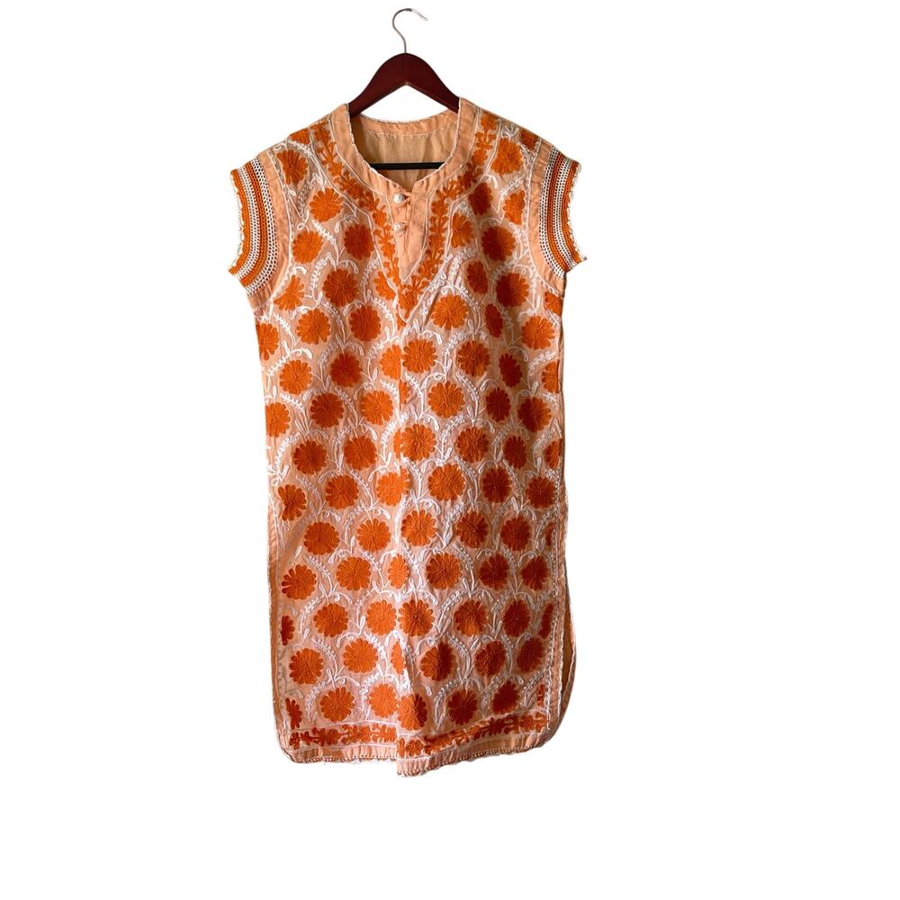 Vintage 70s Orange Floral Embroidered Tunic‎ Dress High Slits Size Medium